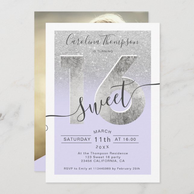 Silver foil script glitter purple Sweet 16 photo Invitation (Front/Back)