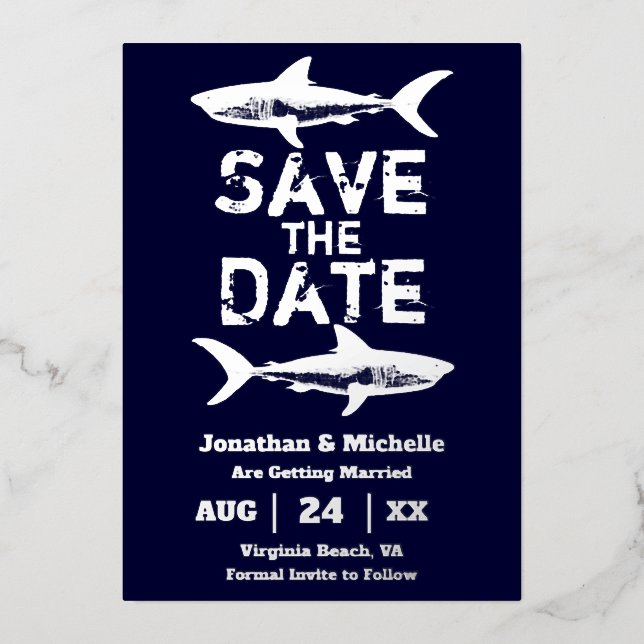 Silver Foil Shark Beach Save the Date Foil Invitation (Front)