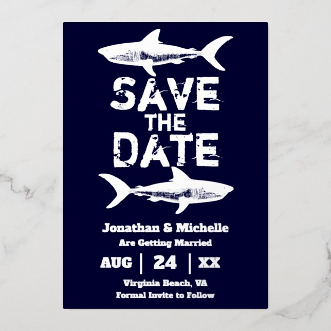 Silver Foil Shark Beach Save the Date Invitation (Front)