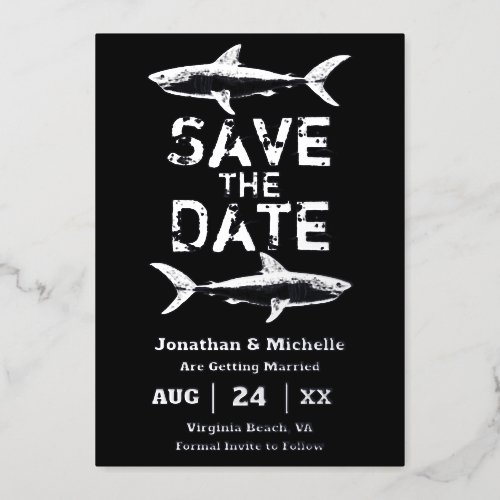 Silver Foil Shark Beach Wedding Save the Date Foil Invitation