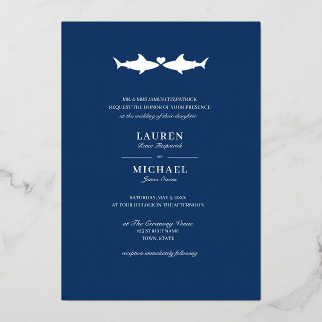 Silver Foil Shark Wedding Foil Invitation (Front)