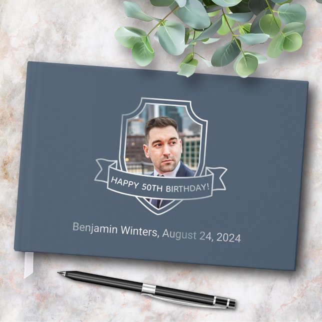 Silver Foil Shield on Blue Photo Birthday Foil Guest Book (Creator Uploaded)