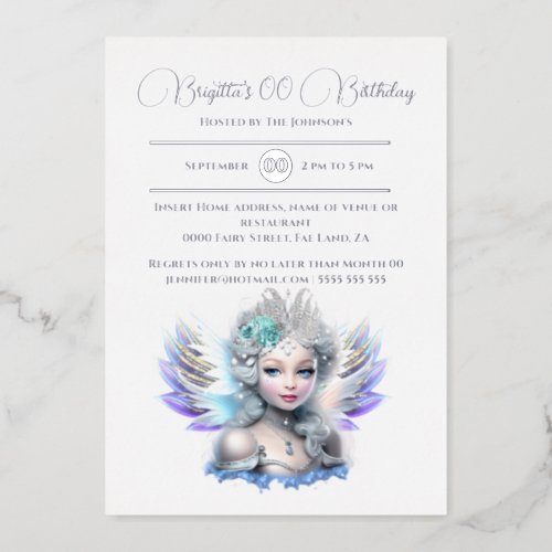 Silver foil snow fairy princess 3D blue rose girls Foil Invitation