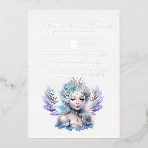Silver foil snow fairy princess 3D blue rose girls Invitation