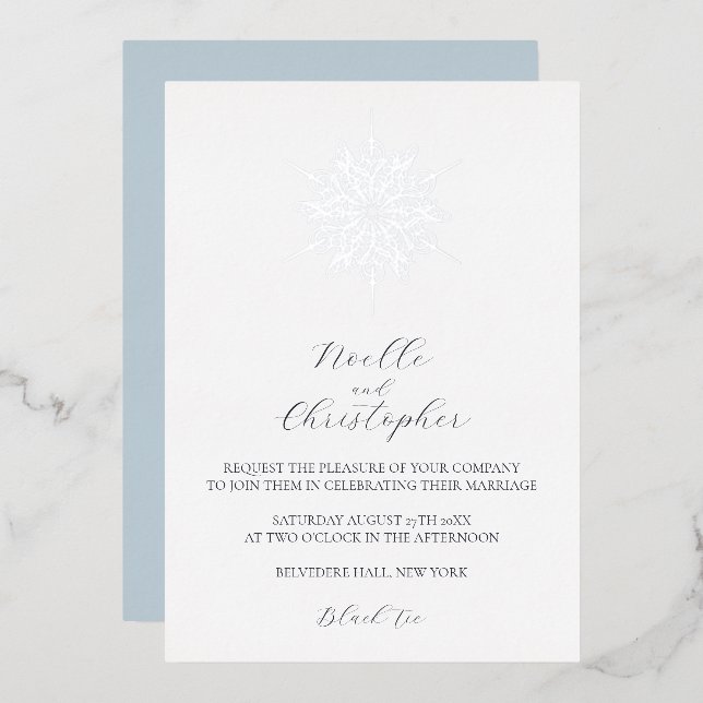 Silver Foil Snowflake Elegant Winter Wedding Invitation (Front/Back)