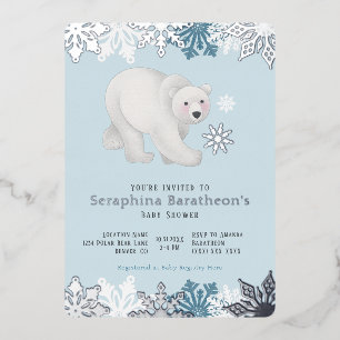 Silver Foil Snowflake Polar Bear Baby Shower Foil Invitation