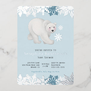 Silver Foil Snowflake Polar Bear Baby Shower Invitation