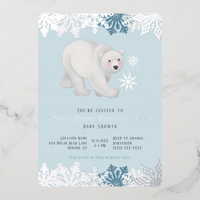 Silver Foil Snowflake Polar Bear Baby Shower Invitation (Front)