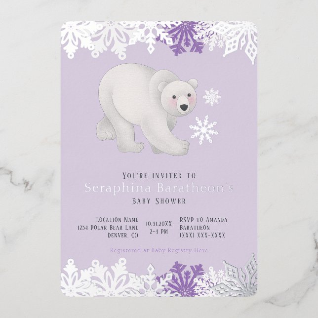 Silver Foil Snowflake Polar Purple Baby Shower Foil Invitation (Front)