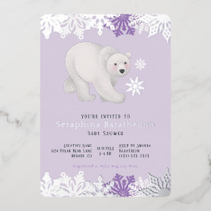 Silver Foil Snowflake Polar Purple Baby Shower Invitation
