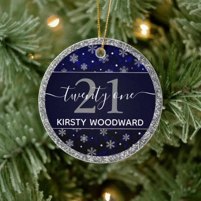Silver Foil Snowflakes & blue bokeh 21st Birthday Ceramic Ornament (Tree)