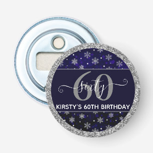 Silver Foil Snowflakes & blue bokeh 60th Birthday Bottle Opener