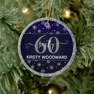 Silver Foil Snowflakes & blue bokeh 60th Birthday Ceramic Ornament