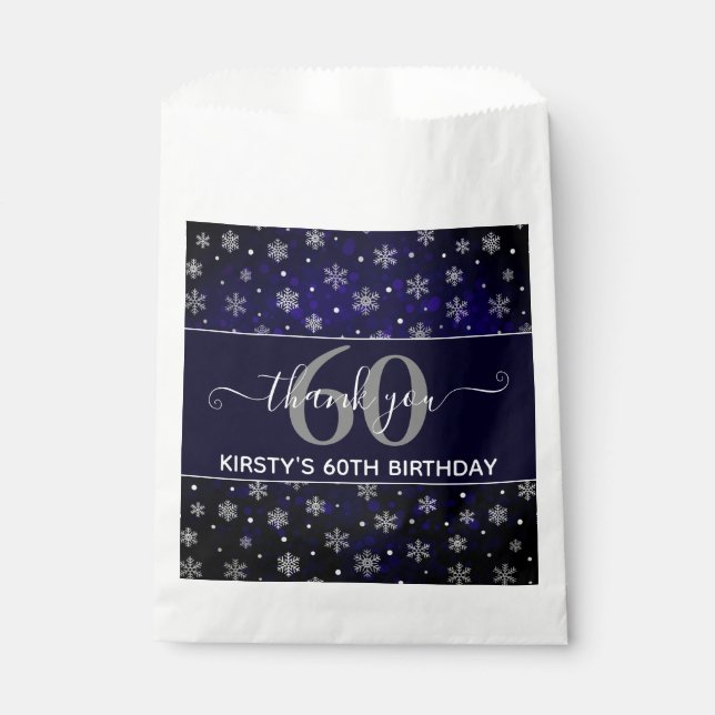 Silver Foil Snowflakes & blue bokeh 60th Birthday Favor Bag (Front)