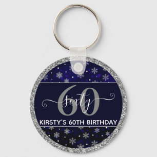 Silver Foil Snowflakes & blue bokeh 60th Birthday Keychain