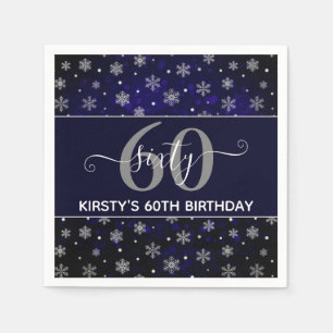 Silver Foil Snowflakes & blue bokeh 60th Birthday Napkins