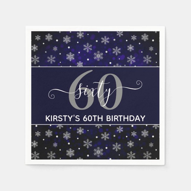 Silver Foil Snowflakes & blue bokeh 60th Birthday Napkins (Front)