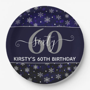 Silver Foil Snowflakes & blue bokeh 60th Birthday Paper Plates