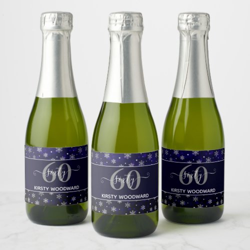 Silver Foil Snowflakes  blue bokeh 60th Birthday Sparkling Wine Label