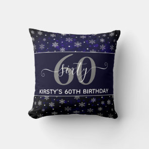 Silver Foil Snowflakes & blue bokeh 60th Birthday Throw Pillow