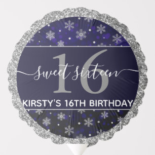 Silver Foil Snowflakes & blue bokeh Sweet 16 Balloon