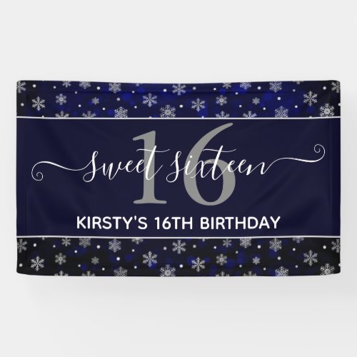 Silver Foil Snowflakes  blue bokeh Sweet 16 Banner