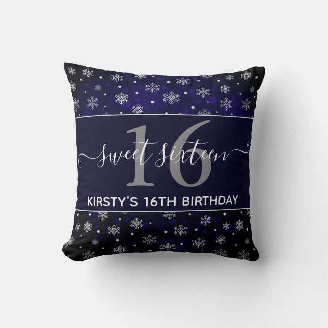 Silver Foil Snowflakes & blue bokeh Sweet 16 Throw Pillow (Front)