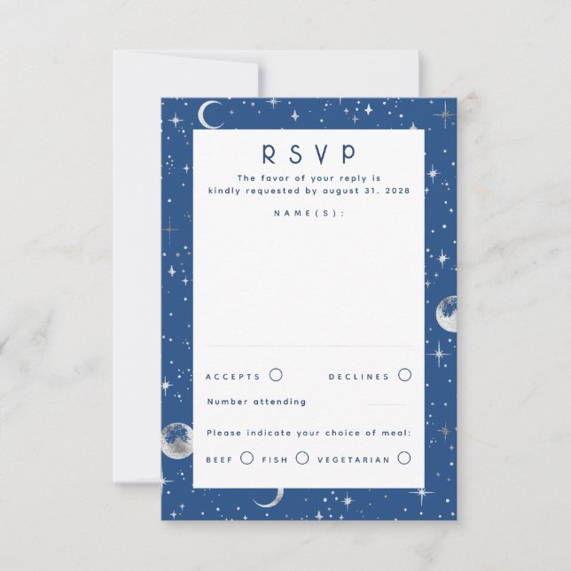 Silver Foil Stars Celestial Wedding RSVP Card (Front)