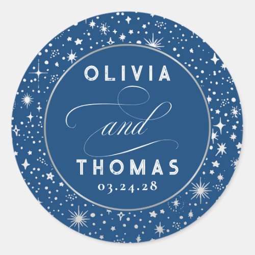 Silver Foil Stars Mystical Celestial Wedding Classic Round Sticker