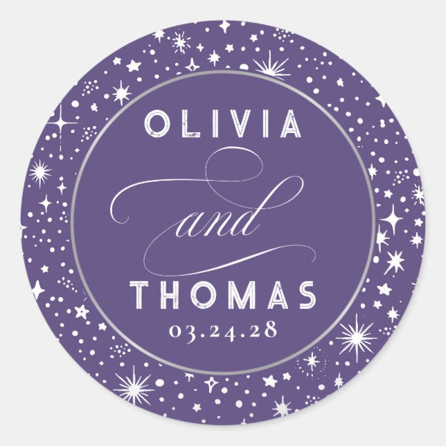 Silver Foil Stars Mystical Celestial Wedding Classic Round Sticker (Front)