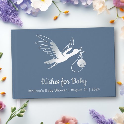 Silver Foil Stork on Blue Baby Shower Foil Guest Book