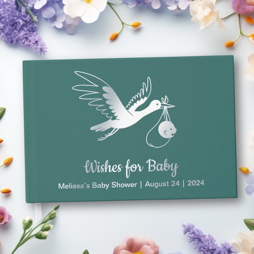 Silver Foil Stork on Green Baby Shower Foil Guest Book