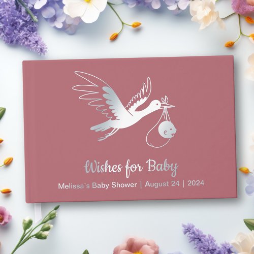 Silver Foil Stork on Pink Baby Shower Foil Guest Book