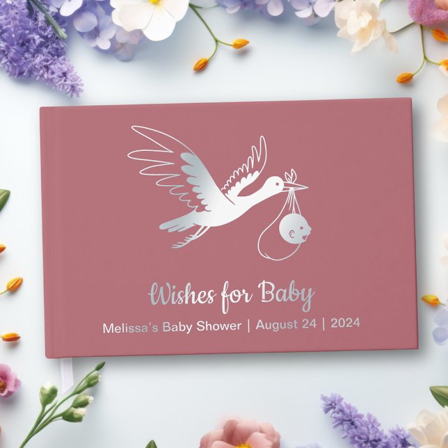 Silver Foil Stork on Pink Baby Shower Foil Guest Book (Creator Uploaded)