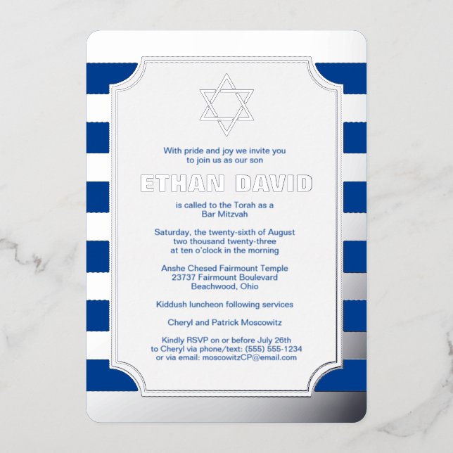 Silver Foil Striped Bar Mitzvah Invite with Star (Front)
