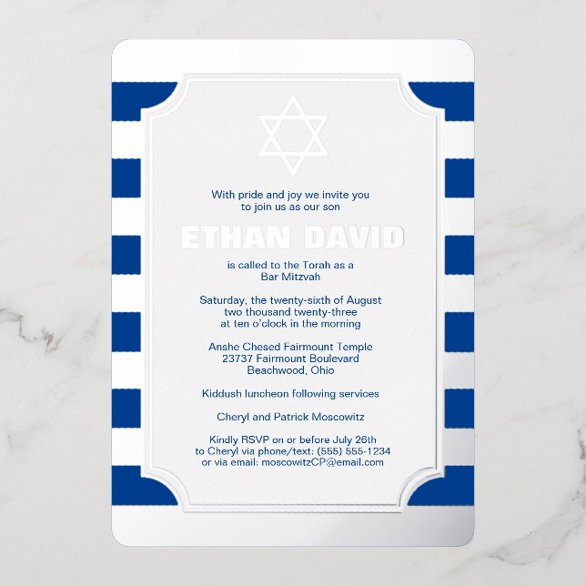 Silver Foil Striped Bar Mitzvah Invite with Star (Front)