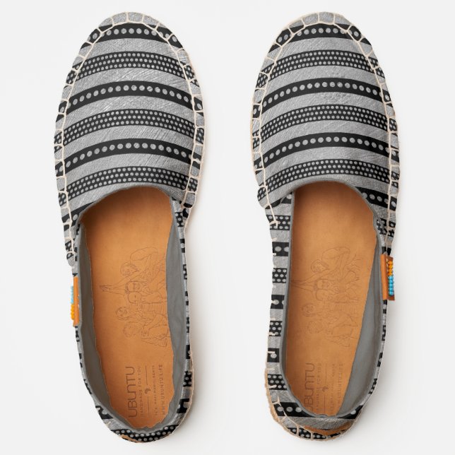 Silver Foil Stripes Dots On Black UBUNTU Espadrilles (Front)