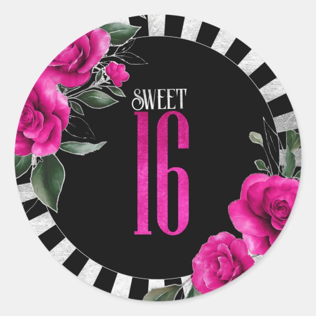 Silver Foil Stripes Floral Hot Pink ID759 Classic Round Sticker (Front)