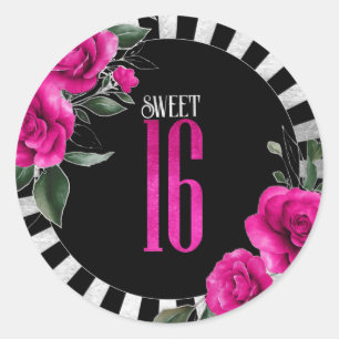 Silver Foil Stripes Floral Hot Pink ID759 Classic Round Sticker