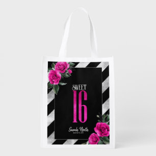 Silver Foil Stripes Floral Hot Pink ID759 Grocery Bag