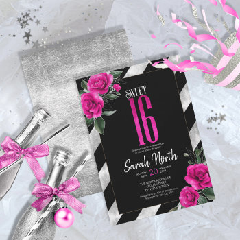Silver Foil Stripes Floral Hot Pink Id759 Invitation by arrayforcards at Zazzle