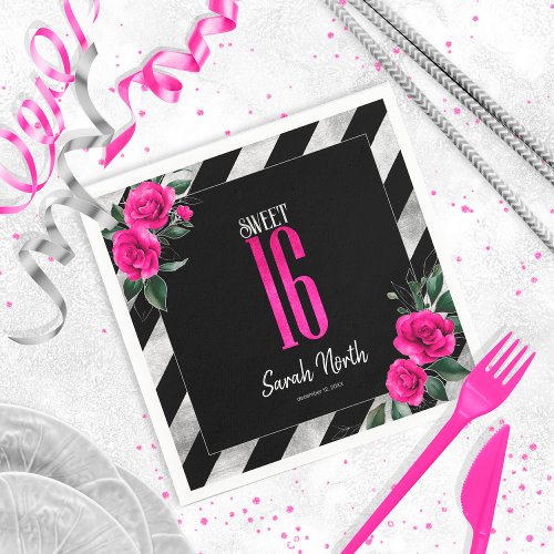 Silver Foil Stripes Floral Hot Pink ID759 Napkins