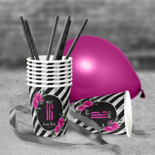 Silver Foil Stripes Floral Hot Pink ID759 Paper Cups