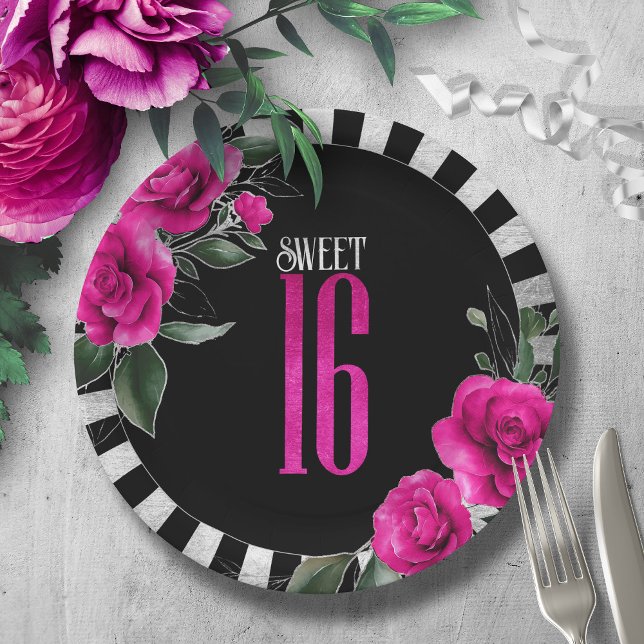 Silver Foil Stripes Floral Sweet 16 Hot Pink ID757 Paper Plates (Creator Uploaded)