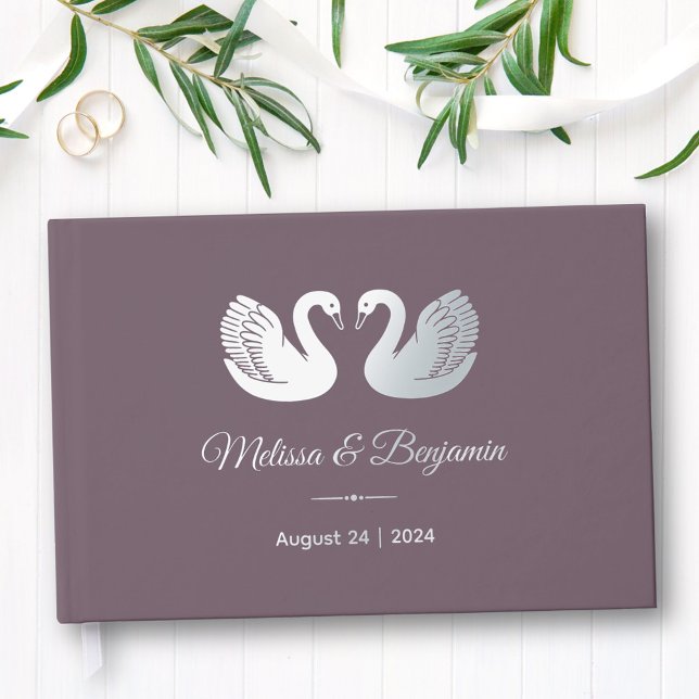 Silver Foil Swans on Dark Purple Wedding Foil Guest Book (Creator Uploaded)