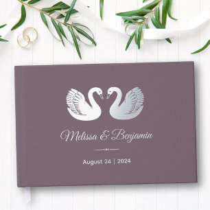 Silver Foil Swans on Dark Purple Wedding Guest Book