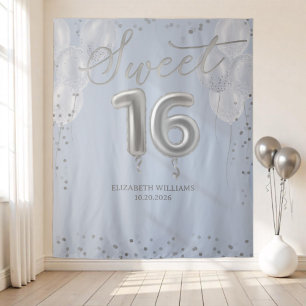 Silver Foil Sweet 16 Balloons Blue Backdrop