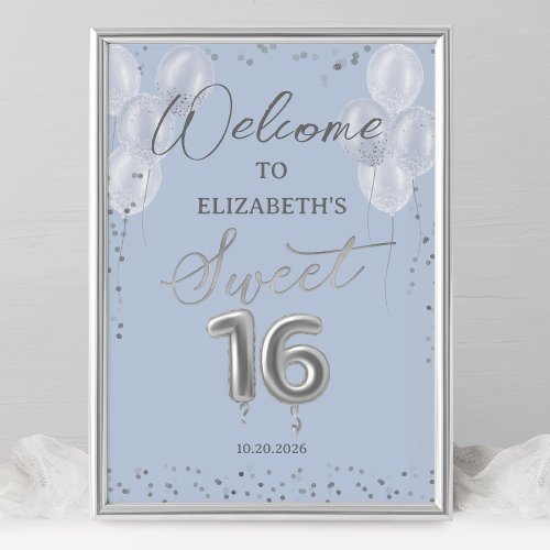 Silver Foil Sweet 16 Balloons Blue Welcome Sign