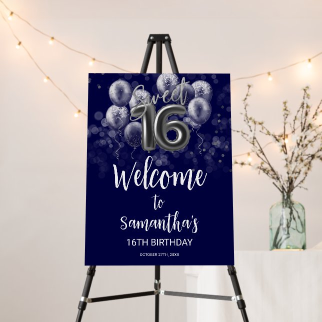 Silver Foil Sweet 16 Balloons Blue Welcome Sign (In Situ (Stand))