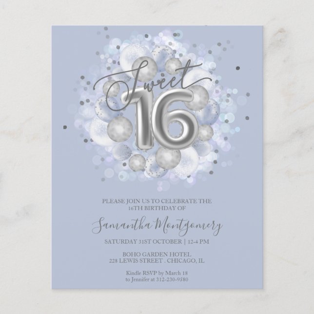 Silver Foil Sweet 16 Balloons Budget Invitation (Front)